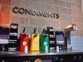 AMC movie theater condiment stand for drinks and refreshments.