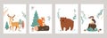 Woodland animals card. Cute deer, squirrel and woodpecker, bear forest cartoon characters and fir-tree, branches with