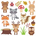 Cute woodland animals clip art elements vector set. Illustration of forest animals in cartoon flat style. Wild animals graphics. Royalty Free Stock Photo