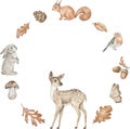 Woodland animals frame. Deer, bunny, Squirrel, pine cone, leaves, boletus and acorn for baby shower, newborns Royalty Free Stock Photo