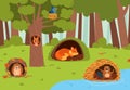 Woodland animals in holes forest landscape. Cute cartoon fox, squirrel and hedgehog. Cartoon beaver on dam and bird in Royalty Free Stock Photo