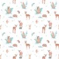 Woodland animals seamless repeat tile pattern on white background. Deers, bunny, hedgehog, flowers and leaves girly room pastel vi Royalty Free Stock Photo