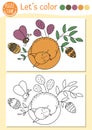 Woodland coloring page for children with sleeping fox, cone. Vector forest outline illustration with cute animal. Adorable color