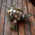 Woodland elegance close up of rustic bouquet on wooden floor