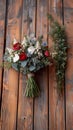 Woodland elegance close up of rustic bouquet on wooden floor