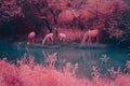 Woodland Elegance White Horses and Animals Grazing in a Pink Forest River Waters