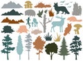 Woodland landscape plants, birds and animals inhabitants silhouettes set vector illustration Royalty Free Stock Photo