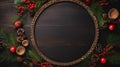 the woodland with a round frame composed of natural winter elements arranged on a dark blackboard.