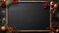 the woodland with a round frame composed of natural winter elements arranged on a dark blackboard.