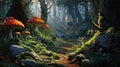 A woodland scene with moss-covered rocks and colorful mushroom\'s