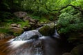 Woodland Scene with waterfalls in the Derbyshire Peak District National Park. Shot with slow shutter speed. Royalty Free Stock Photo