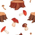 Woodland seamless pattern featuring aged textured tree stumps and various mushrooms. Edible penny bun and delicious porcini