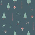 Woodland Seamless pattern, Forest background. Cute cartoon trees and plants vector illustration Royalty Free Stock Photo