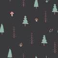 Woodland Seamless pattern, Forest background. Cute cartoon trees and plants vector illustration Royalty Free Stock Photo