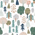 Woodland seamless pattern. Trendy forest texture with abstract hand drawn tree. Perfect for textile, fabric, apparel, wallpaper.