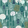 Woodland seamless pattern. Trendy forest texture with abstract hand drawn tree. Perfect for textile, fabric, apparel, wallpaper.