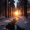 Woodland serenity at sunset, winters peaceful evening embrace