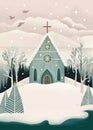 Woodland snow landscape for religious Christmas holiday card. Nordic winter forest with tree, pine, wooden church and copy space