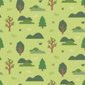 Woodland vector seamless pattern with trees, plants, leaves, hillock, hill