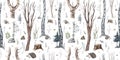 Woodland vintage style design. Watercolor hand drawn rural forest seamless pattern with illustration of natural trees