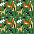 Woodland wallpaper. Seamless hand drawn pattern with cute Scandinavian style animals, plants, flowers and trees Royalty Free Stock Photo