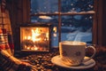 Woodland warmth Cup of coffee near the fireplace in winter