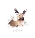 Woodland watercolor cute animals baby Elk. Scandinavian elk forest nursery poster design. Isolated charecter