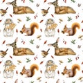 Woodland watercolor pattern forest animals, leaves, mushrooms, berries. Baby deer, rabbit, squirrel, bird, butterfly
