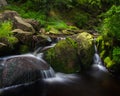 Woodland scene slow moving river stream in the Derbyshire Peak District National Park. Shot with slow shutter speed. Royalty Free Stock Photo