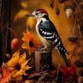 a woodpecker bird with red feathers on its head sits on a stump