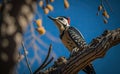 A woodpecker searching for food on the stem of a tree, with a green, blurred forest and blue sky, generative AI