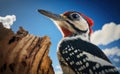 Woodpeckers forage for insect prey on the trunks of trees, a blurred blue sky, generative AI