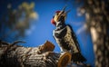 Woodpeckers forage for insect prey on the trunk trees and communicate through drumming with their beaks, generative AI