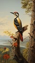 Woodpecker Perched On Tree Trunk: A Hudson River School Inspired Painting