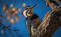 A woodpecker perched on the side of a tree, collecting food in a side view with blue sky above, generative AI