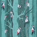 Vector illustration of woodpeckers in the winter forest