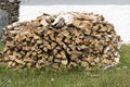 Woodpile of birch firewood stacked in a round pile and dried. Firewood for the winter. Energy and fuel for fire and heating Royalty Free Stock Photo