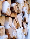 Woodpile of chopped firewoods outdoor under snow