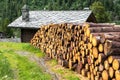 Woodpile and log house with stone roof, Cuneaz (Italy)