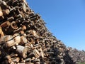 Woodpile of round logs against the blue sky . Firewood pile stacked . Chopped wood trunks Royalty Free Stock Photo