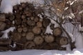 Woodpile With Snow In Winter