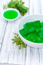 Woodruff Jello on wood Royalty Free Stock Photo