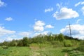 The woods Creek trail, the road. Deciduous trees, young foliage and grass. Cloudy sky