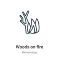 Woods on fire outline vector icon. Thin line black woods on fire icon, flat vector simple element illustration from editable