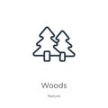 Woods icon. Thin linear woods outline icon isolated on white background from nature collection. Line vector sign, symbol for web