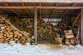 Woodshed full of chopped firewood in winter Royalty Free Stock Photo