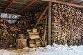 Woodshed full of chopped firewood in winter Royalty Free Stock Photo