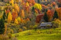 Woodshed on the hillside in autumn mountains