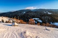 Woodshed on the hillside in winter mountains