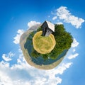 Woodshed on little planet spherical panorama Royalty Free Stock Photo